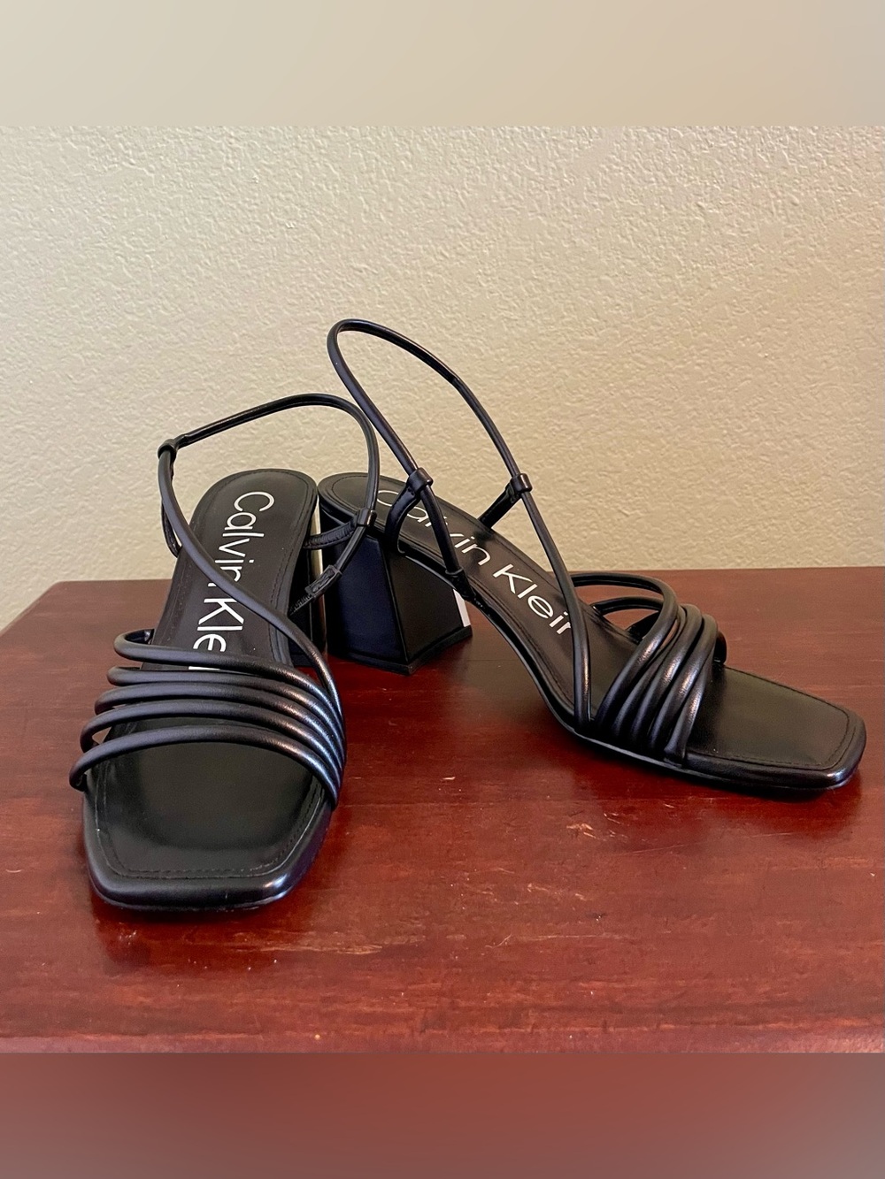 Calvin Klein Black Strappy Square-Toe Block Heel Sandals